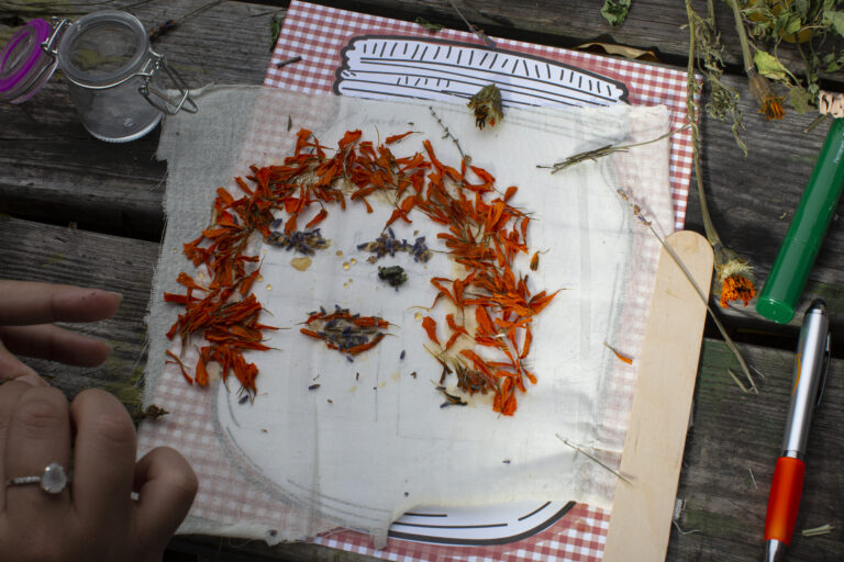 A drawing in the shape of a human face made out of honey and dry herbs (Marigold dried petals and Lavender). Photo by Cinthya Santos-Briones for Brewing Memories workshop, October 24, 2020.