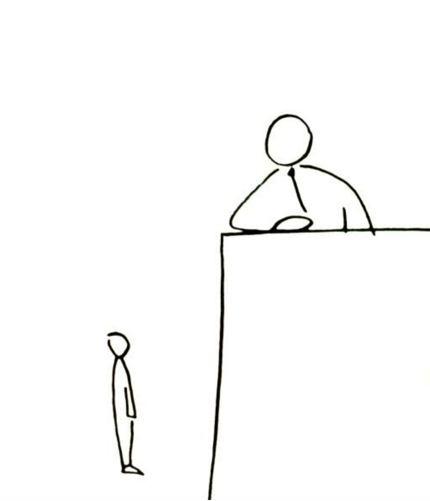 A drawing depicting a tiny individual facing a bigger individual behind a desk